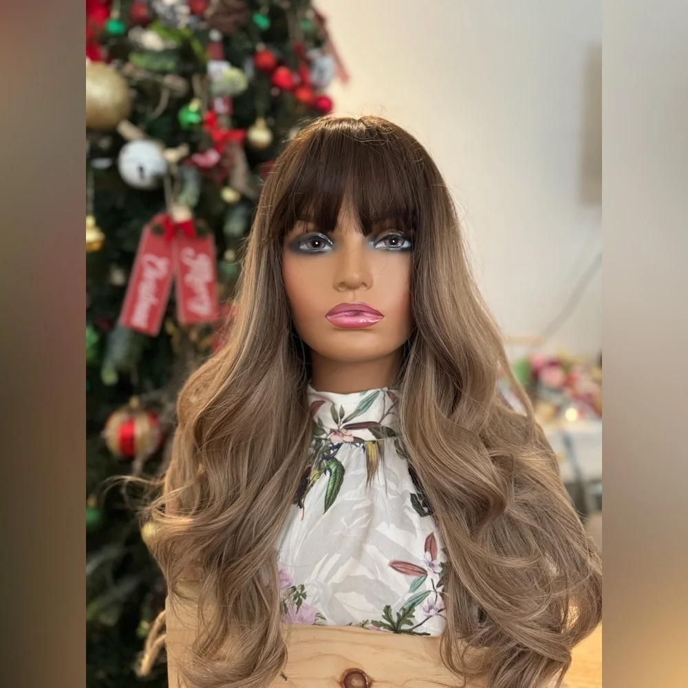 Classic Cap Wig with Bangs – Long Wavy Brown Blend, Natural Volume, Heat-Safe